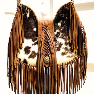 Fringed Hair On and Aged Brandy Pull Up Distressed Leather Hobo Shoulder Bag | Unique 70's Inspired Bohemian Hippie Bag with Vintage Vibes