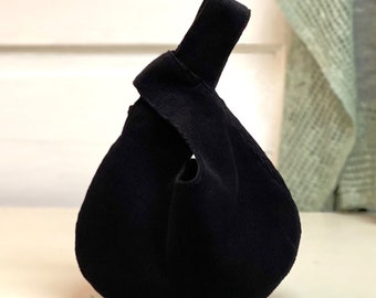 Schwarze Cord-Knotentasche im japanischen Stil | Optionale Reißverschlusstasche | Lustige Stoffe | 3 Größen | Komplett gefüttert | Reversibel | Waschbar