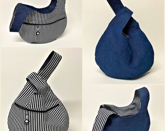 Bolso de nudo de estilo japonés azul oscuro de mezclilla / Bolsillo con cremallera opcional / Telas divertidas / 3 tamaños / Totalmente forrado / Reversible / Lavable
