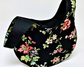 Schwarz Floral und schwarz Knoten Tasche im japanischen Stil | Wahlweise Tasche | Lustige Stoffe | Komplett gefüttert | Schnittbogen für Form | Wendbar