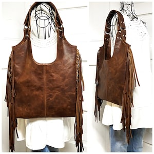 Fringed Aged Brandy Pull Up Distressed Leather Tote Shoulder Bag | Unique 70’s Inspired Bohemian Hippie Bag with Vintage Vibes