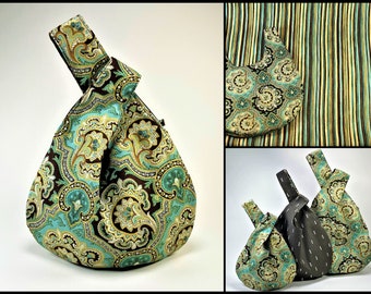 Blaugrüne und Braune Knotentasche im japanischen Stil | Wahlweise Tasche | Lustige Stoffe | Komplett gefüttert | Schnittfläche für Form