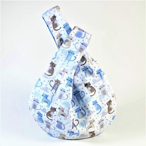 Cats and Sailboats Japanese Style Knot Bag | Optional Pocket |  Fun Fabrics | Fully Lined | Interfaced for Shape | Reversible