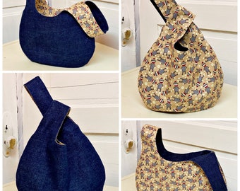 Denim Dark Blue Japanese Style Knot Bag | Optional Zippered Pocket |  Fun Fabrics | 3 sizes | Fully Lined | Reversible | Washable