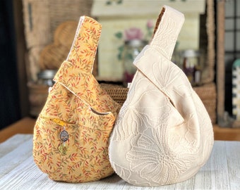 Embroidered Hibiscus and Gold with Autumn Leaves Japanese Style Knot Bag | Evening ~ Bridal ~ Special Occasion ~ Gift | White or Tea Stain