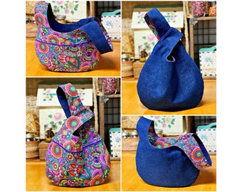 Denim Dark Blue Japanese Style Knot Bag | Optional Zippered Pocket |  Fun Fabrics | 3 sizes | Fully Lined | Reversible | Washable