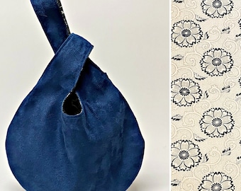 Faux Suede Navy with Beige and Navy Asian Cherry Blossom Japanese Style Knot Bag | Elegant Evening Bag | Premium Fabrics | Reversible