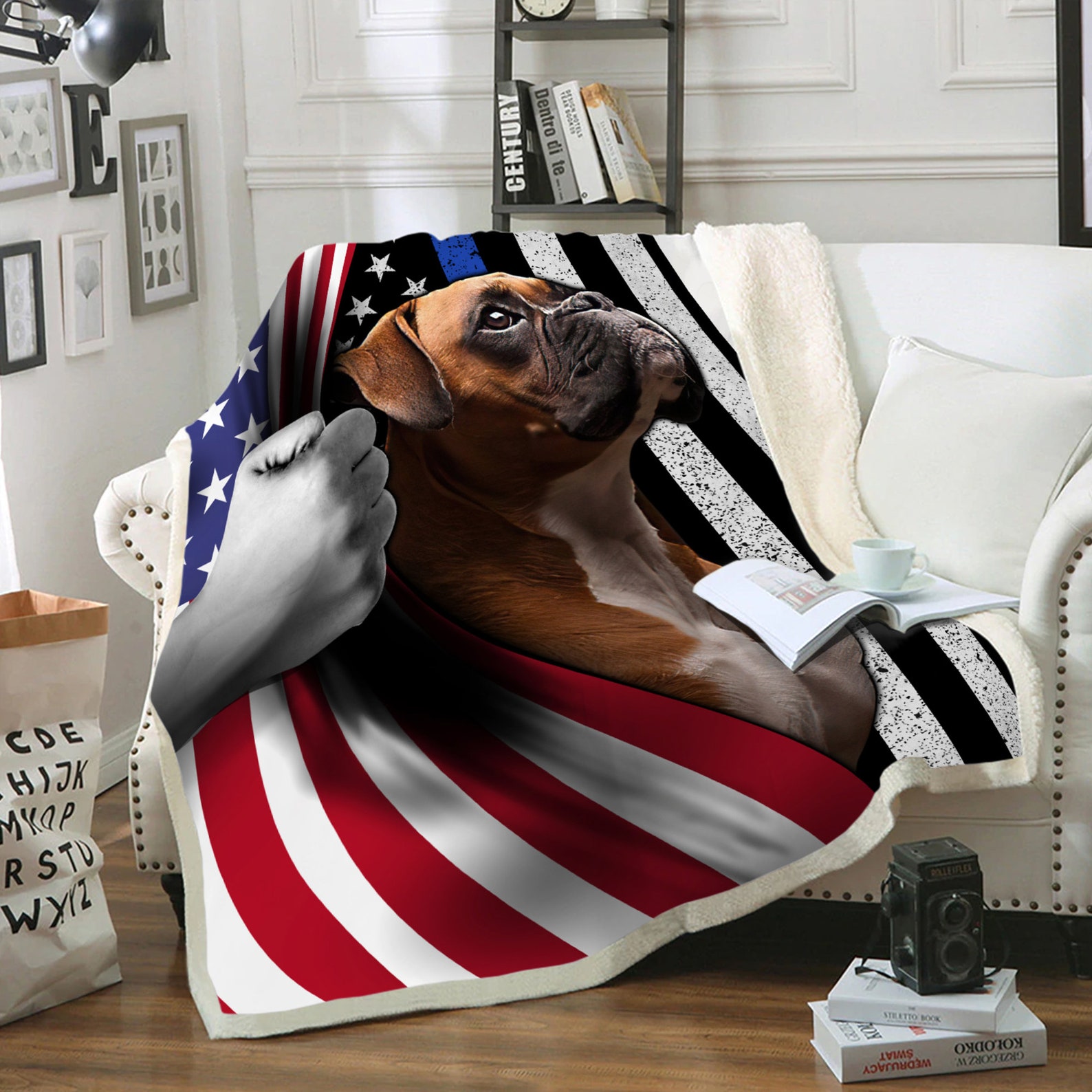 Boxer Dog American Flag Vintage Blue Light Fleece Blanket Etsy