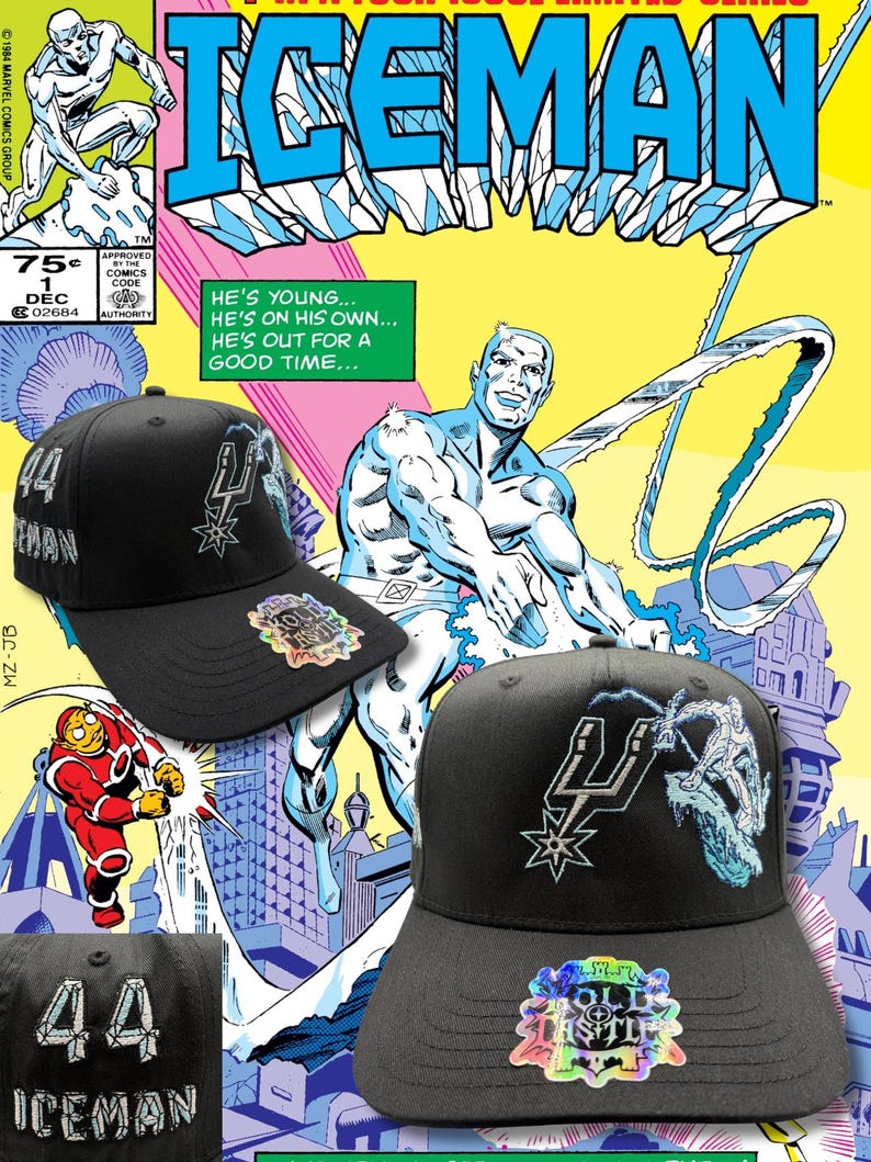 May include: Black baseball caps with embroidered designs and the text "44 ICEMAN". The caps are displayed in front of a vintage "Iceman" comic book cover featuring a superhero.