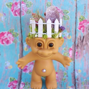 Backyard Buds, Crystal Trolls, Amethyst Floral Picket Fence Troll Dolls, Spiritrolls, Troll Dolls