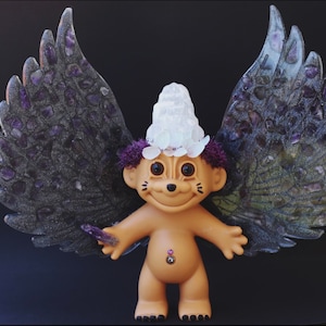 BOMBSHELL - KAT, Amethyst Infused Kitty Crystal Troll Selenite Tower, Floral, Resin, Swarovski Crystal, Troll Doll, Spirtroll, Troll Doll