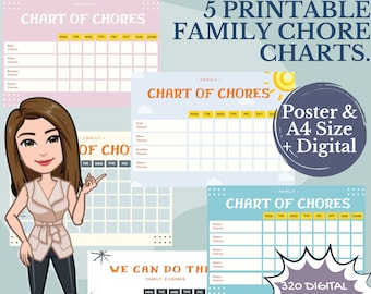 May include: Five printable family chore charts in pastel colors with a cartoon illustration of a woman pointing to a chart. The charts are designed for a family to track chores for each day of the week. The text "Poster & A4 Size + Digital" and "320 Digital Stickers with chores" are included in the image.