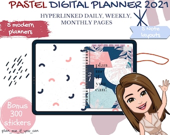 May include: A digital planner on a tablet screen with a blue and pink floral design. The planner includes daily, weekly, and monthly pages. The text "plan me if you can!" is on the planner. The text "Bonus 300 stickers" is on a pink circle. The text "5 modern planners" is on a red rectangle. The text "5 Note layouts" is on a blue rectangle.