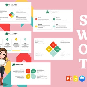 Op de afbeelding: Een kleurrijke SWOT-analysetemplate met een cartoonvrouw die naar de verschillende secties wijst. De secties zijn geëtiketteerd als Sterke punten, Zwakke punten, Kansen en Bedreigingen. De template is ontworpen om bedrijven te helpen hun sterke punten, zwakke punten, kansen en bedreigingen te identificeren.