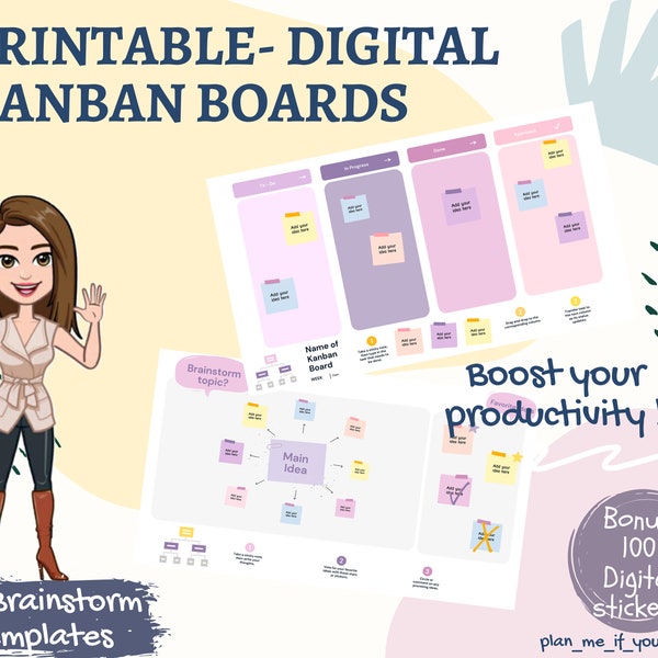 Kanban Board, Kanban Planner, Printables, Digital Kanban Boards, Goodnotes template, Digital life planner, Brainstorm, Mind map planner