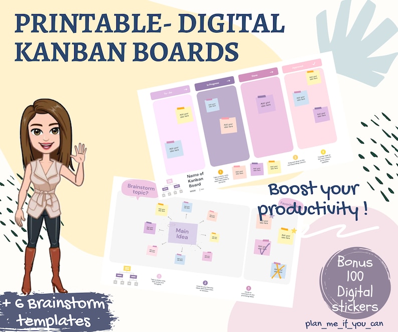 Kanban Board, Kanban Planner, Printables, Digital Kanban Boards, Goodnotes Template, Digital