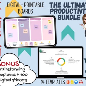 Puede incluir: Paquete de productividad digital e imprimible con plantillas Kanban y SWOT. La imagen incluye una tableta y un portátil que muestran las plantillas, con el texto "DIGITAL + PRINTABLE BOARDS" y "THE ULTIMATE PRODUCTIVITY BUNDLE". Bono: plantillas de lluvia de ideas y 100 pegatinas digitales.