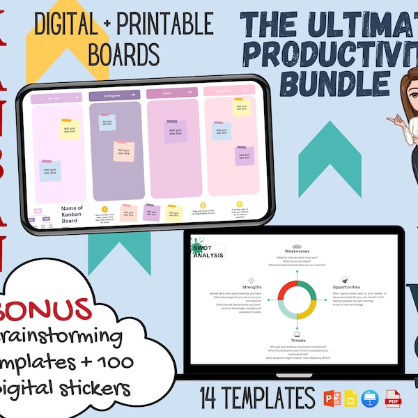 Productivity Bundle, Kanban Board, Digital Kanban Boards, Brainstorm, SWOT Analysis, SWOT Template, Keynote, Google Slides, PowerPoint