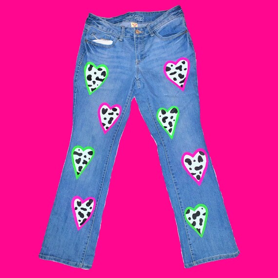Hand Painted Jeans: Cow Print Heart 