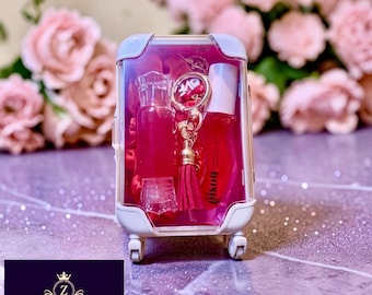 Mini Suitcase Lip Care Set, Lip Oil, Lip Gloss, Satin Hair Tie, Keychain Charm