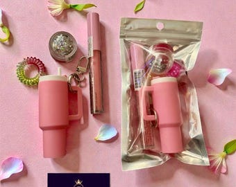 Beauty Gift Set Lip Balm, Lip Gloss, Lotion set Kit Includes Mini Gloss Tumbler Keychain Hair Accessory Self Care Package Idea Teen Present