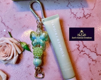 Trendy Lip Butter Balm Keychain, Beaded Butterfly Charm Bag Accessory