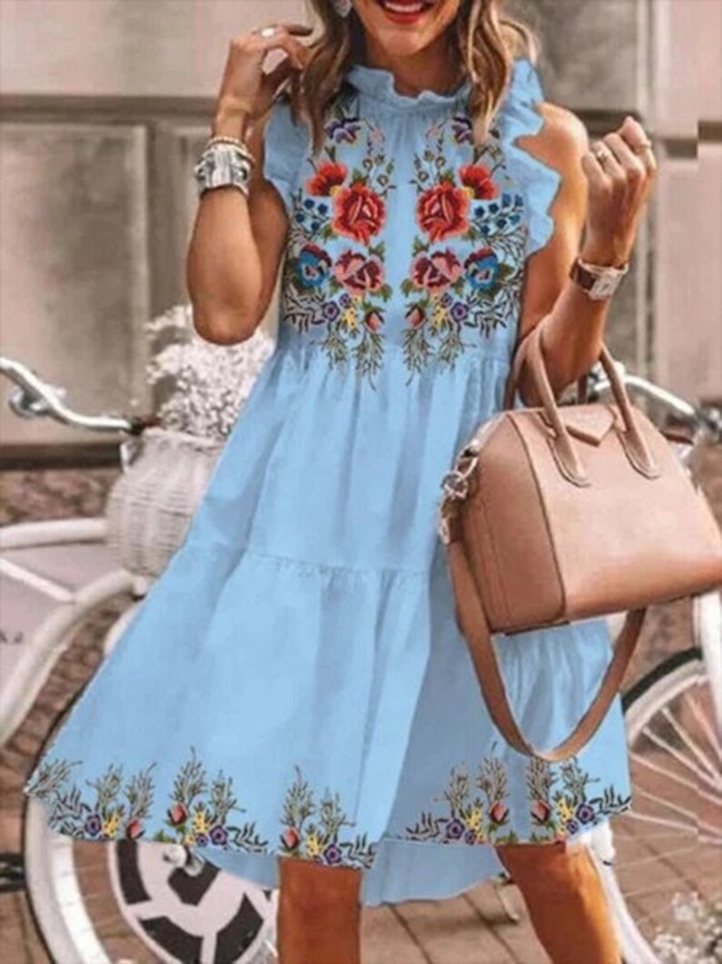 Butterfly Sleeve Casual Ruffled Neck A-line Dresses Female Summer Elegant Short Women Dresses 2021 Vacation Floral Printed Dress