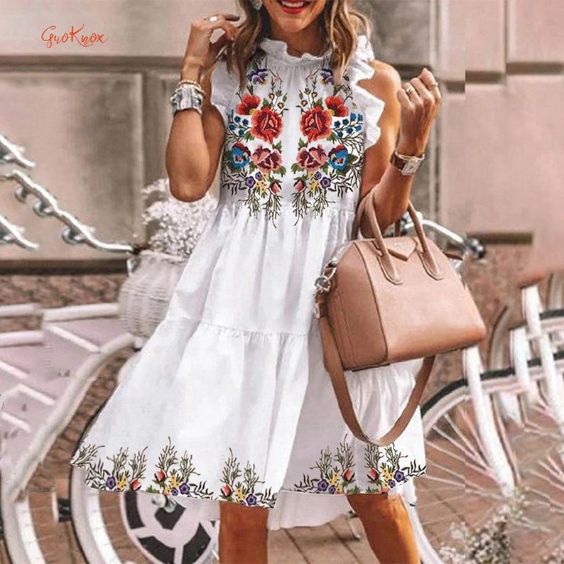 Butterfly Sleeve Casual Ruffled Neck A-line Dresses Female Summer Elegant Short Women Dresses 2021 Vacation Floral Printed Dress