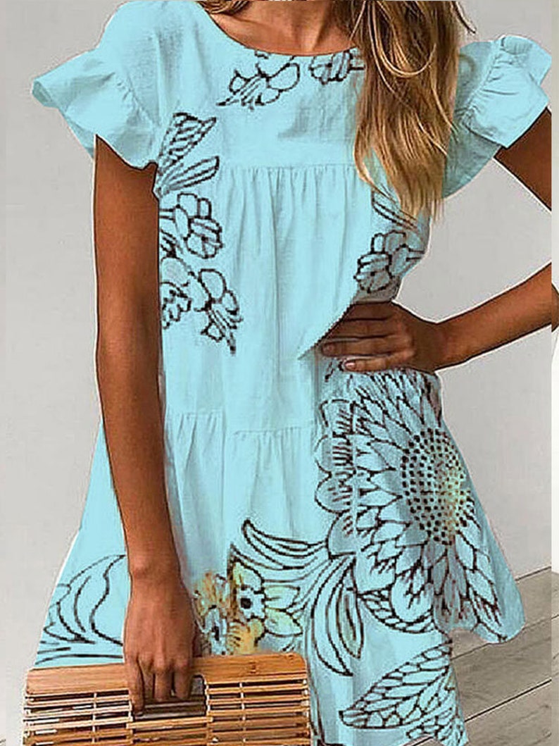 Butterfly Sleeve Casual Ruffled Neck A-line Dresses Female Summer Elegant Short Women Dresses 2021 Vacation Floral Printed Dress