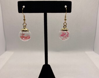 Flower Orb Earrings, Plant Earrings, Flower Earrings, Globe Earrings, Pink, Gold, Wish Earrings
