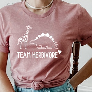 May include: A dusty rose t-shirt with a white graphic of a giraffe and a dinosaur with the text "Team Herbivore".
