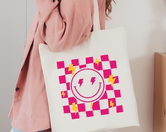 Checkered Smile Canvas Tote Bag: Lightning Bolt Design Gift