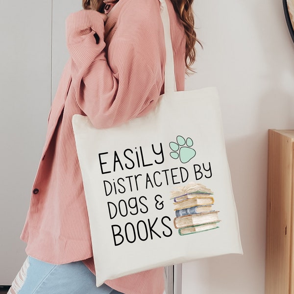 Easily Distracted By Dogs and Books Tote Bag, Bookish Gift, Funny Saying Tote Bag, Dog Lover Gift, Canvas Tote Bag, Zippered Tote Bag