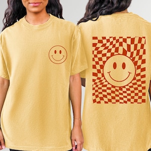 Comfort Colors® Checkered Smile Shirt, Smile Face Shirt, Oversized Checkered Pattern Tee, Positive Vibes Shirt, Y2k Shirt, Retro Smiley Face