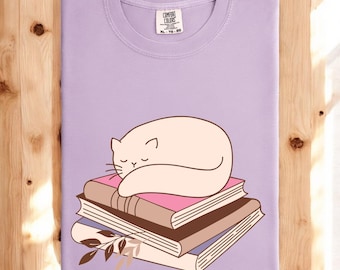 Comfort Colors Cat and Books Shirt: Funny Book Lover Tee