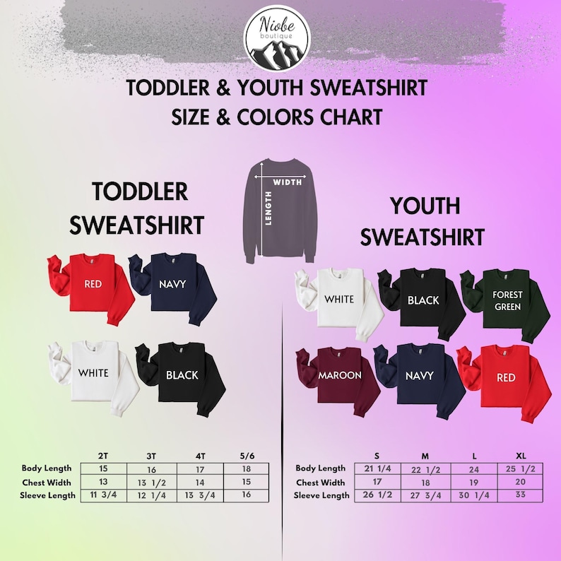toddler and youth sweatshirt sizes and colors chart