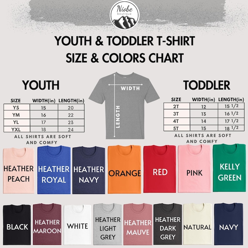 youth and toddler t - shirt sizes and colors chart
