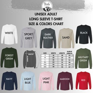 The image is a size and color chart for adult long sleeve t-shirts, displaying various colors and sizes.