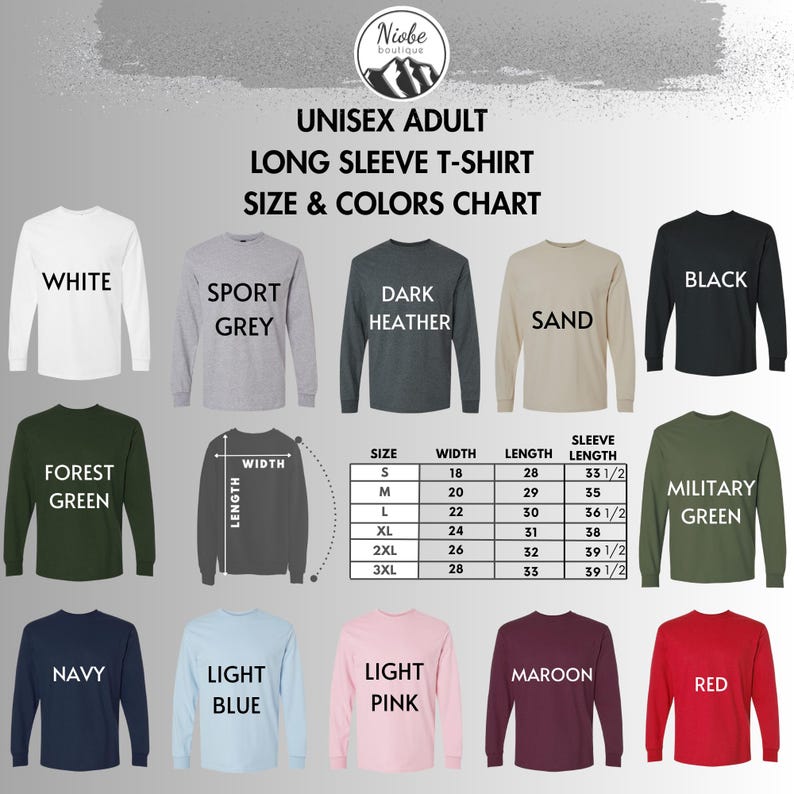 The image is a size and color chart for adult long sleeve t-shirts, displaying various colors and sizes.