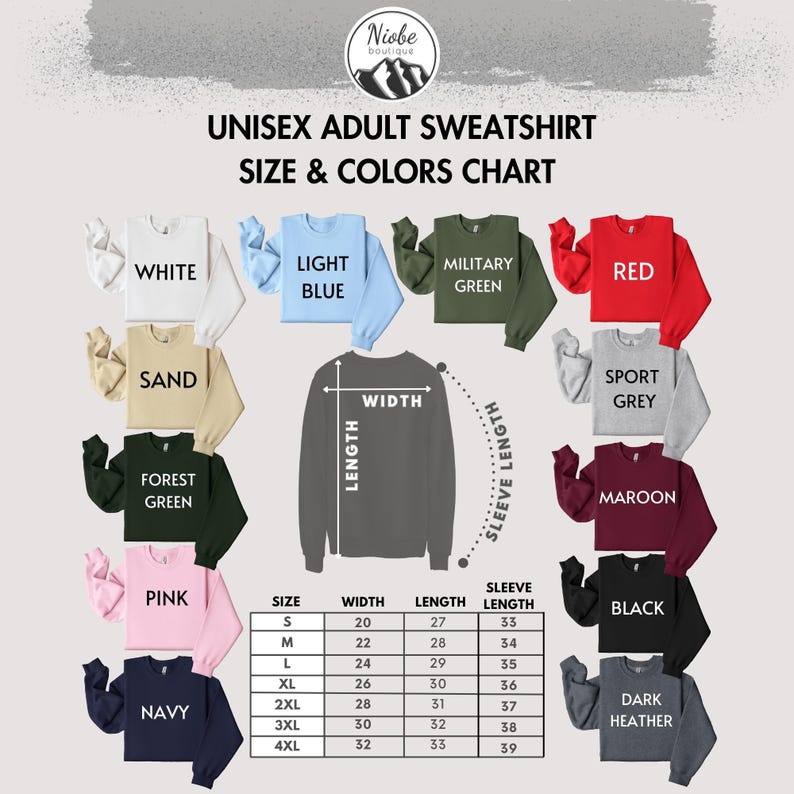 unisex adult sweatshirt size and colors chart