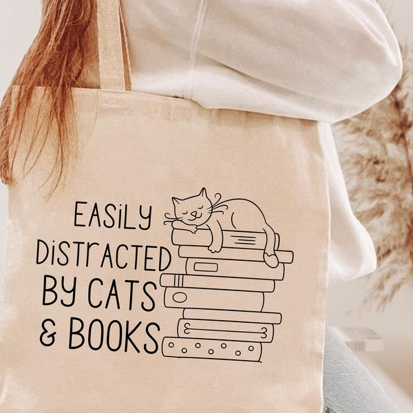 Easily Distracted By Cats and Books Tote Bag, Bookish Gift, Funny Saying Tote Bag, Cat Lover Gift, Canvas Tote Bag, Zippered Tote Bag