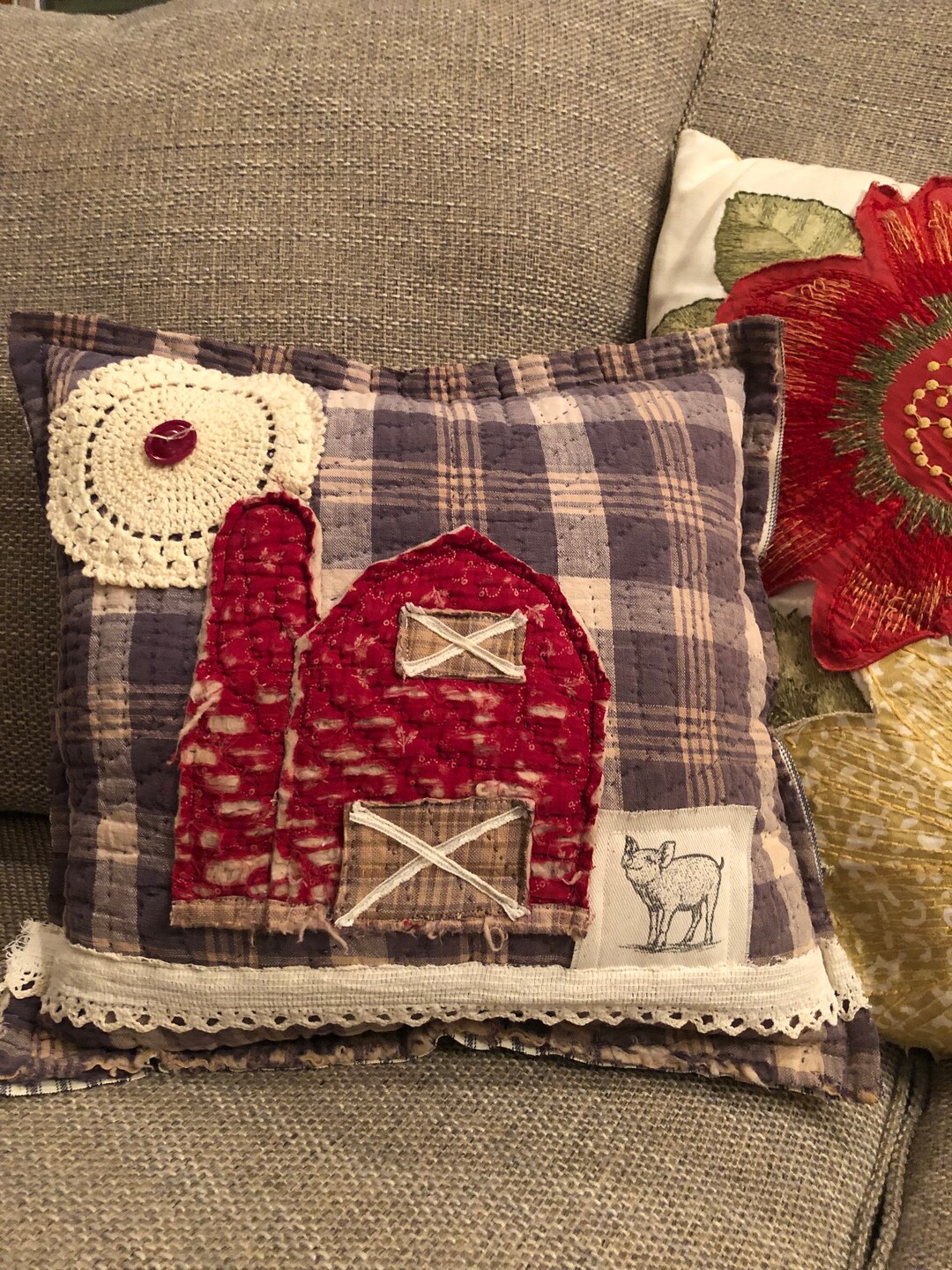 Vintage Repurposed Quilt Barn Pillow Stamped Pig Handmade Etsy