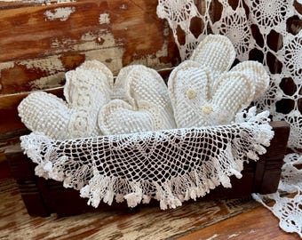 Vintage Chenille Heart Pillows, Shabby Chic Farmhouse Decor, Set of 5