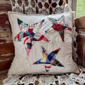 Star Pillow, Repurposed Quilt Pillow, Patriotic, Farmhouse Decor, Country Charm, Handmade