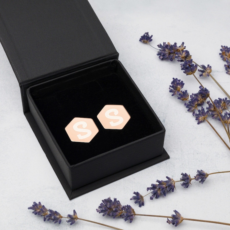 Customized gifts Personalized Initial Earrings engraved Sterling Silver Hexagon Stud Earrings