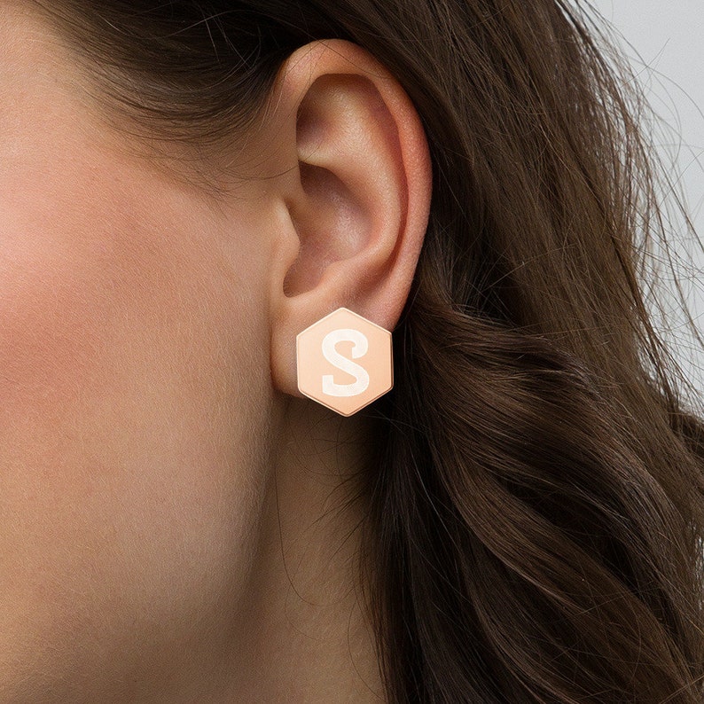 Customized gifts Personalized Initial Earrings engraved Sterling Silver Hexagon Stud Earrings