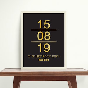 Datum | Koordinaten | Liebespaar personalisiert | Wandbild | DIN A4 | Paarposter | Folie Druck | personalisiertes Geschenk