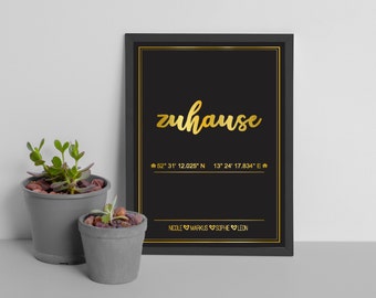 Zuhause mit GPS Koordinaten Bild Poster | Familienposter mit Namen | Familie personalisiert | Wandbild | DIN A4 |  | Kunstdruck | Geschenk