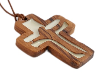 Handmade Carved Olive Wood Cross w/ Crucifix Necklace Pendant Holy Land 2&quot;/6cm Necklace Men Women Jesus Bethlehem Jerusalem Jewelry Car