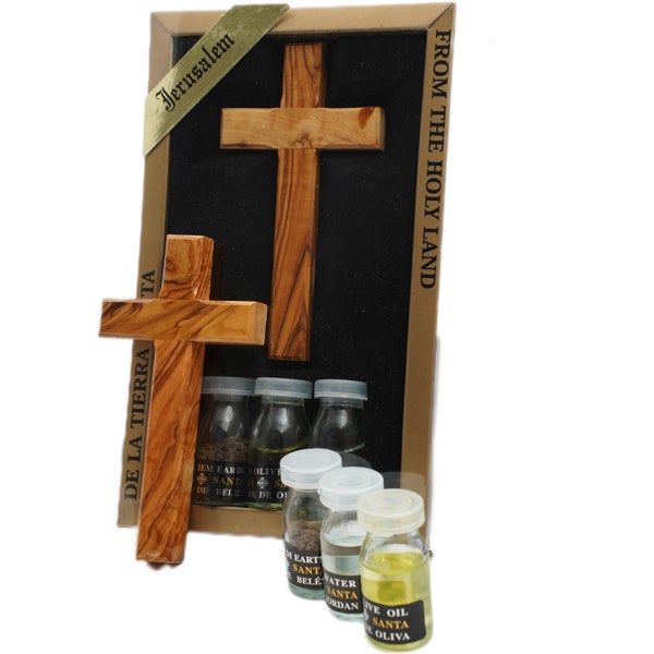 Handmade Olive Wood Cross Christian 4 PCS Gift Set Religious Blessing Kit for Baptism, Confirmation Pilgrim Set Bethlehem Holy Land